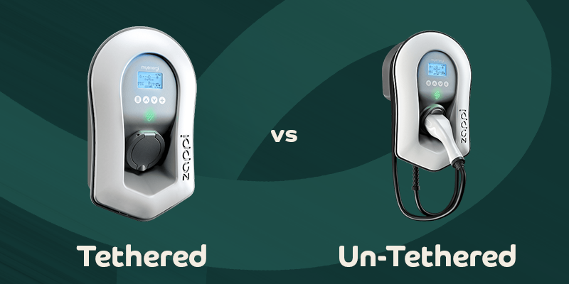 Graphic comparison of a tethered and untethered Zappi EV charger, showing the visual difference between plug-in cable options